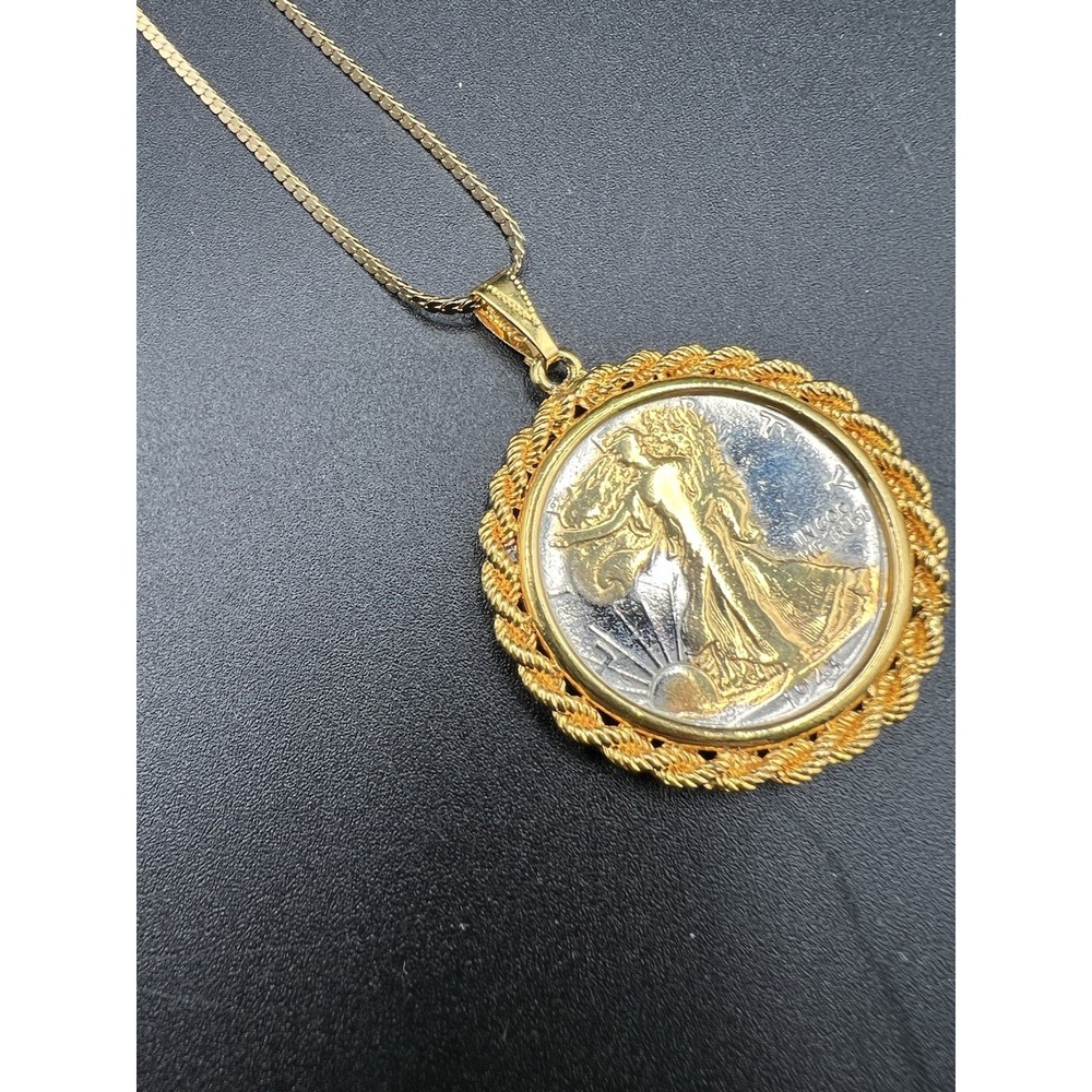 VTG 1945 US 90% silver Coin Walking Liberty Pendant Monet 24" Necklace Gold Tone